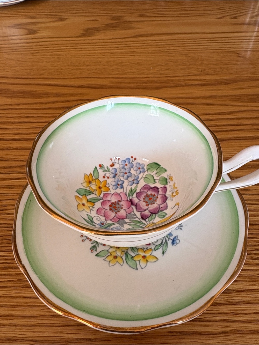 Royal Albert Classic Floral Teacup and Saucer Set in Green and Gold